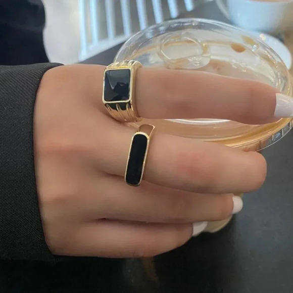 925 Sterling Silver Black Bar Ring Black Square Ring Gold Thick Ring Band - Picture 2 of 6